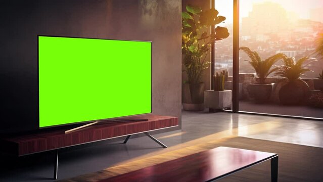 Flat TV with a green screen mock up chroma key in a modern interior, evening, sun fills the room. 
