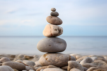 Fototapeta na wymiar Stacked stones stand tall among other pebbles by a serene sea