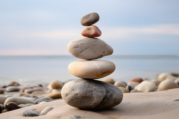 Balanced rock tower on sandy beach with pebbles and sea in distance