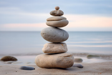 Fototapeta na wymiar Balanced stone tower on sandy beach with gentle waves and soft horizon