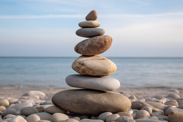 Fototapeta na wymiar Stacked stones on a pebble beach with a calm sea in the background
