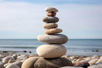 Stacked pebbles balance on a pebbly beach with clear blue sea horizon