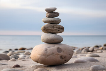 Stacked smooth stones balance by the calm sea under a clear sky