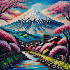 Acrylic painting, Fujinomiya, Shizuoka, Japan with Mt. Fuji in spring. Modern art paintings brush stroke on canvas.