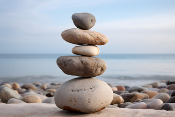 Fototapeta na wymiar Stacked smooth stones balance by the calm sea under a clear sky