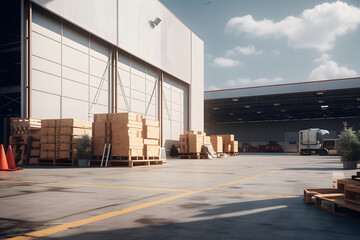 Warehouse exterior with stacked boxes and open gates under a sunny sky