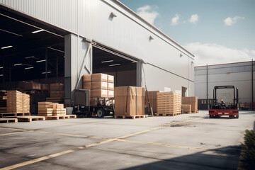 Large warehouse exterior with stacked crates and a red forklift - obrazy, fototapety, plakaty