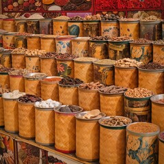 Colorful organic spices and dried aromatic herbs at traditional oriental bazaar. Display with seasoning condiments on middle eastern souk. Variety of spices and dried herbs as background
