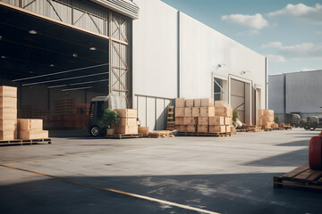 Warehouse exterior with wooden pallets and a parked truck under a sunny sky - obrazy, fototapety, plakaty