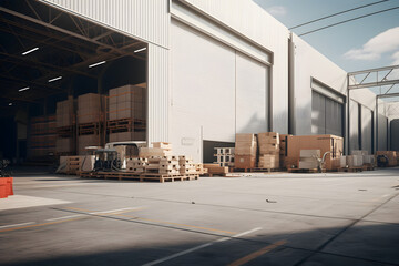 Exterior of a warehouse with stacked boxes under an open roof in daylight - obrazy, fototapety, plakaty