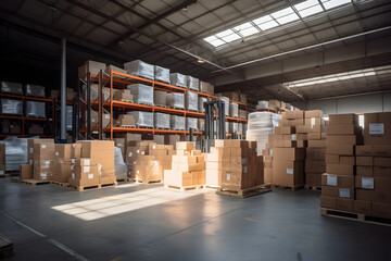 Warehouse with shelves full of boxes in a well-lit area