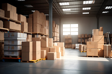 Bright warehouse interior filled with stacked boxes and sunlight