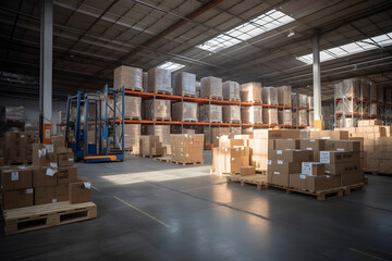 Large warehouse with boxes and tall shelves illuminated by natural light