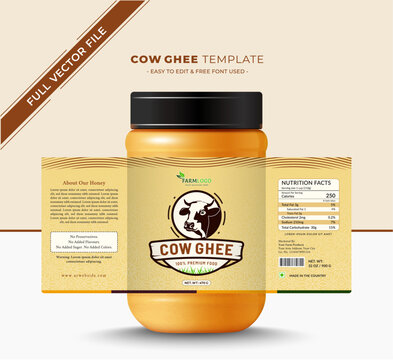 Cow butter ghee label sticker packaging for high quality premium print design,this label can use as dairy product farm, cream, natural, organic jam label,vector file easy to edit free font.