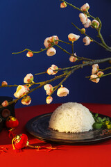Plate with tasty Chinese rice, lanterns and blooming tree branch on color background