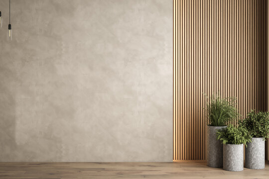 Modern contemporary loft empty room with open door to garden 3d render. The Room. have concrete and wooden plank wall, parquet floor, plants, panoramic window.