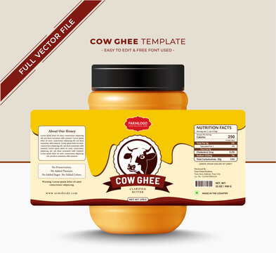 Cow butter ghee label sticker packaging for high quality premium print design,this label can use as dairy product farm, cream, natural, organic jam label,
vector file easy to edit free font.