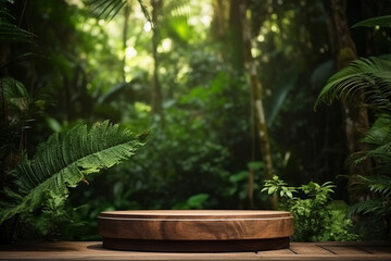 Wooden podium in tropical forest for product presentation and green background