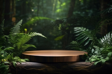 Wooden podium in tropical forest for product presentation and green background