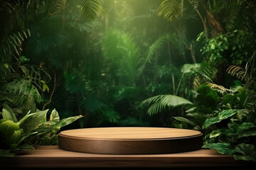 Wooden podium in tropical forest for product presentation and green background