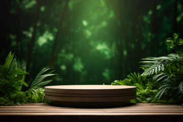 Wooden podium in tropical forest for product presentation and green background