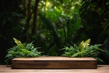 Wooden podium in tropical forest for product presentation and green background