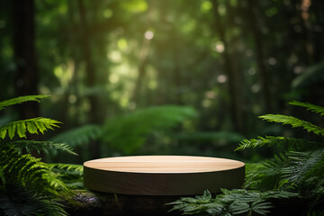 Wooden podium in tropical forest for product presentation and green background