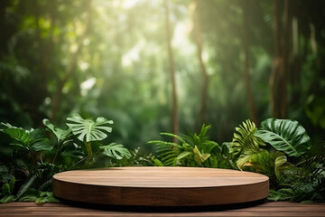 Wooden podium in tropical forest for product presentation and green background