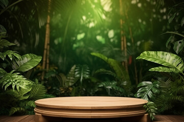 Wooden podium in tropical forest for product presentation and green background