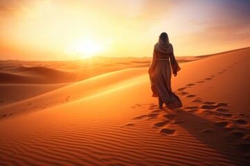 Fototapeta na wymiar Woman in the desert. Background with selective focus and copy space. AI generated, human enhanced