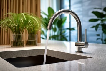 Close-up of a kitchen faucet with running water. Modern kitchen interior design concept. AI generated, human enhanced