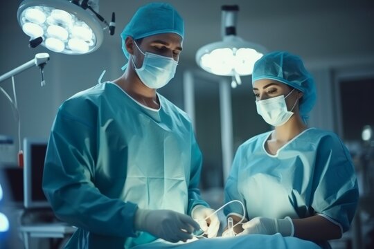 Doctors surgeons in the operating room of the hospital. Background with selective focus and copy space. AI generated