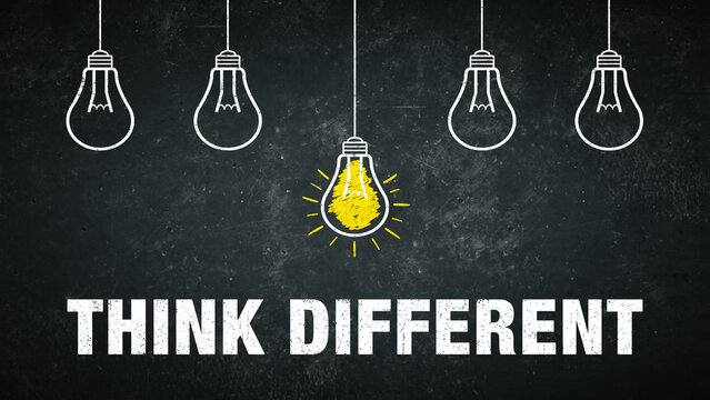 Graphic: think different - light bulbs and text on a chalkboard