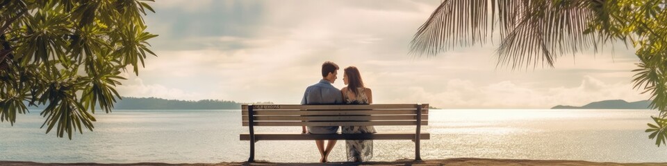 Banner Of Young Couple In Love In Tropical Paradise With Copyspace Generative AI