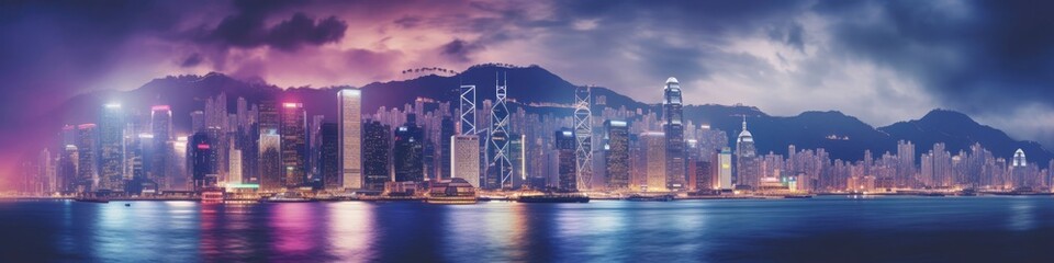 Naklejka na ściany i meble Banner Asian City Skyline Nightlife Background Generative AI