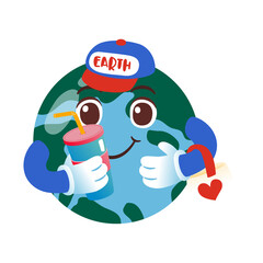 Happy Earth With Reusable Tumbler And Eco Bag, Illustration