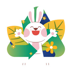 Happy White Rabbit With Recycle Sign, Leaves, Flowers, Save The Earth, Illustration