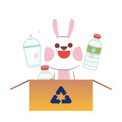 Happy White Rabbit With Recycle Box, Save The Earth, Illustration
