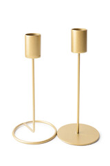 Golden candle holders on white background