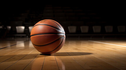 Obraz premium Basketball on wooden floor with stadium background