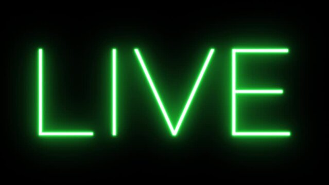 Flickering neon green glowing live sign animated black background