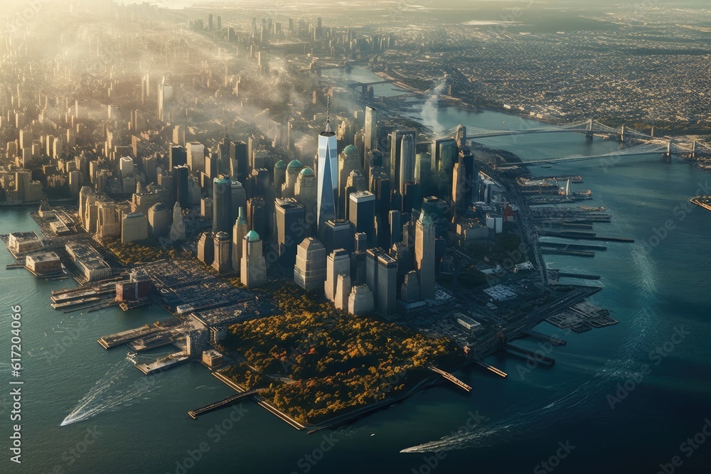 Poster aerial nyc skyscrapers wide angle view backdrop generative ai