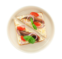 Delicious sandwiches with anchovy, tomato and basil on white background, top view