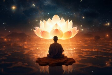 Serenity found: a man in a lotus pose beneath a mesmerizing sky, Generative AI