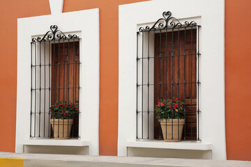Fototapeta na wymiar Orange building with wooden windows and potted plants on windowsills outdoors