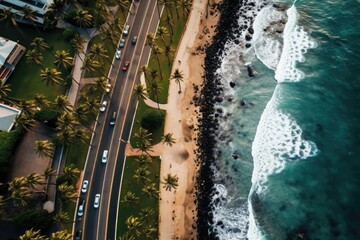Aerial Overhead Tropical Beach Traffic Wide Angle View Backdrop Generative AI