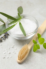 Bamboo toothbrush, sea salt and herbs on light grey table, closeup