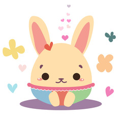 Kwaii Easter bunny character shaped as egg. Cute baby bunny surrounded with flowers and hearts 