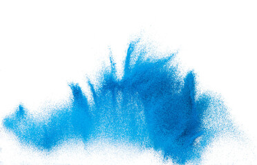 Small size blue Sand flying explosion, Ocean sands grain wave explode. Abstract cloud fly. Blue colored sand splash throwing in Air. White background Isolated high speed shutter, throwing freeze stop - obrazy, fototapety, plakaty