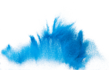 Small size blue Sand flying explosion, Ocean sands grain wave explode. Abstract cloud fly. Blue colored sand splash throwing in Air. White background Isolated high speed shutter, throwing freeze stop